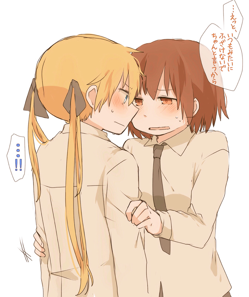 2girls, blonde_hair, blush, brown_hair, hair_ribbon, kill_me_baby, long_hair, multiple_girls