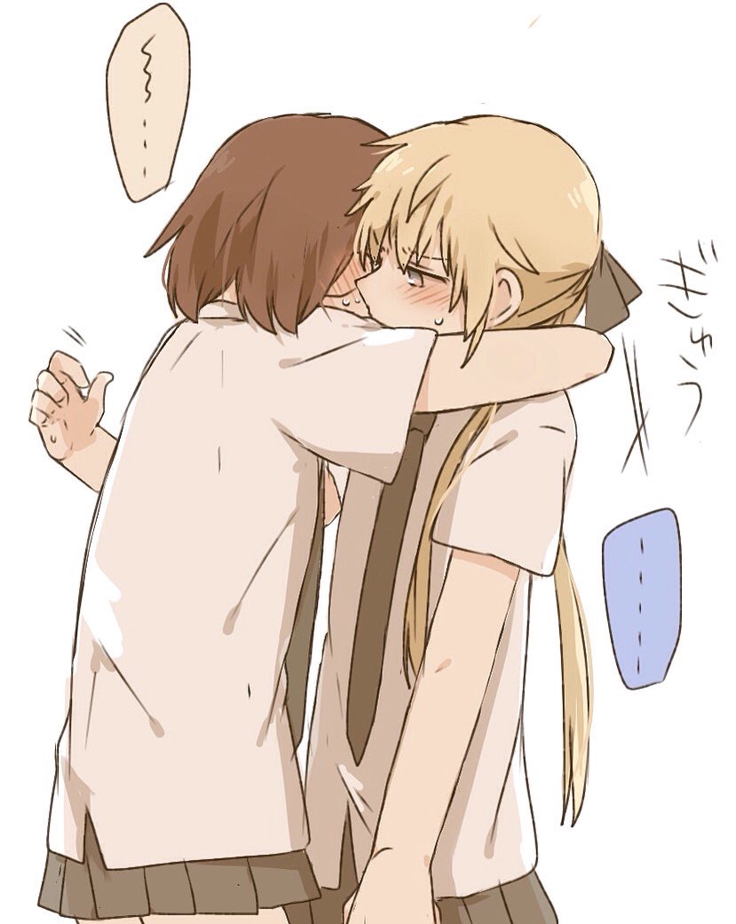2girls, blonde_hair, blush, brown_hair, hair_ribbon, hug, kill_me_baby, long_hair