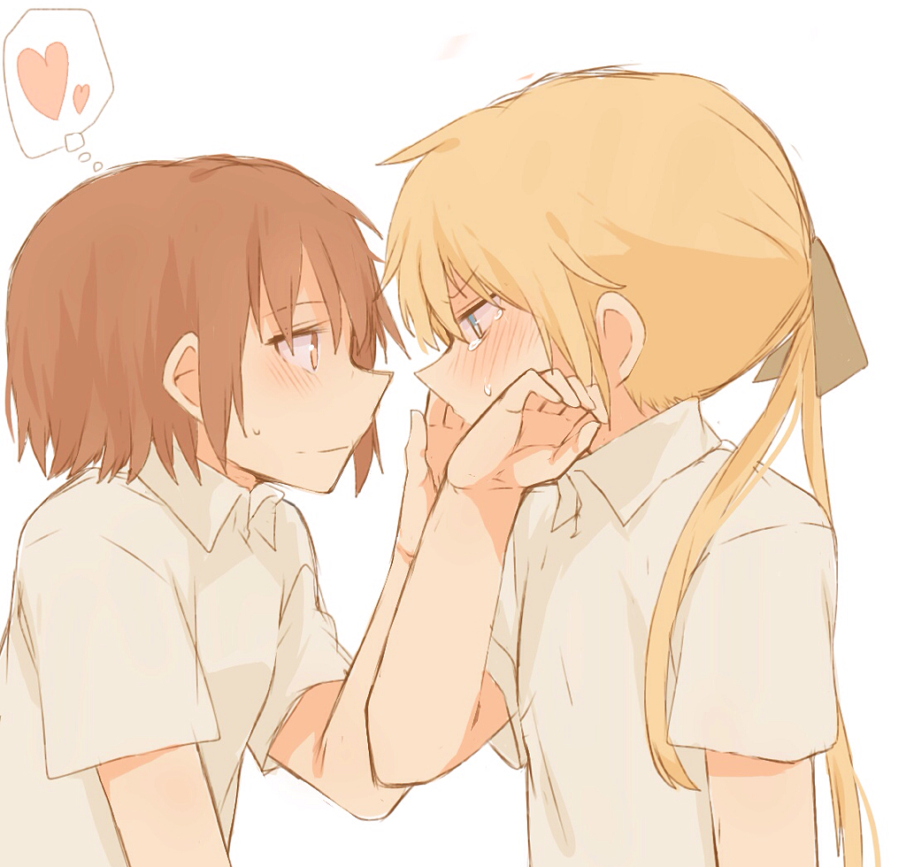 2girls, blonde_hair, brown_hair, hair_ribbon, heart, kill_me_baby, long_hair, multiple_girls
