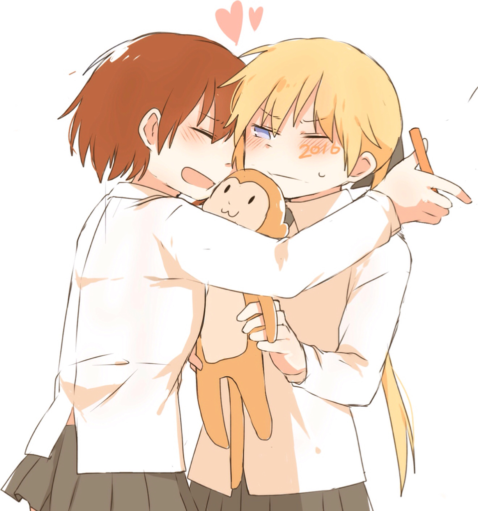 2girls, blonde_hair, brown_hair, hair_ribbon, kill_me_baby, long_hair, multiple_girls, necktie