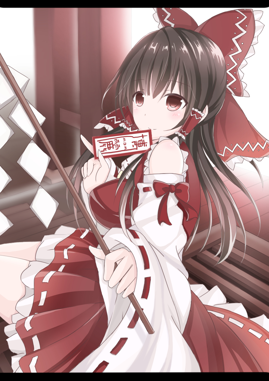 1girl, bare_shoulders, black_hair, blush, bow, box, breasts, closed_mouth