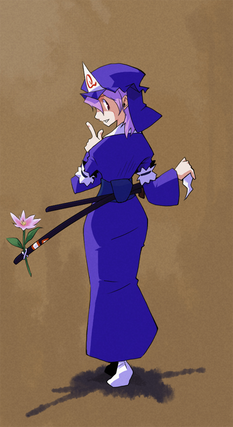 hat, kansuke_(artist), katana, looking_back, pink_hair, red_eyes, saigyouji_yuyuko, short_hair