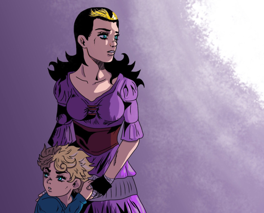 1boy, 1girl, aqua_eyes, artist_request, black_hair, blonde_hair, child, collarbone, diego_brando, dress, jojo_no_kimyou_na_bouken, mother_and_son, mrs._brando_(sbr), multicolored_hair, pink_dress, steel_ball_run, two-tone_hair, younger