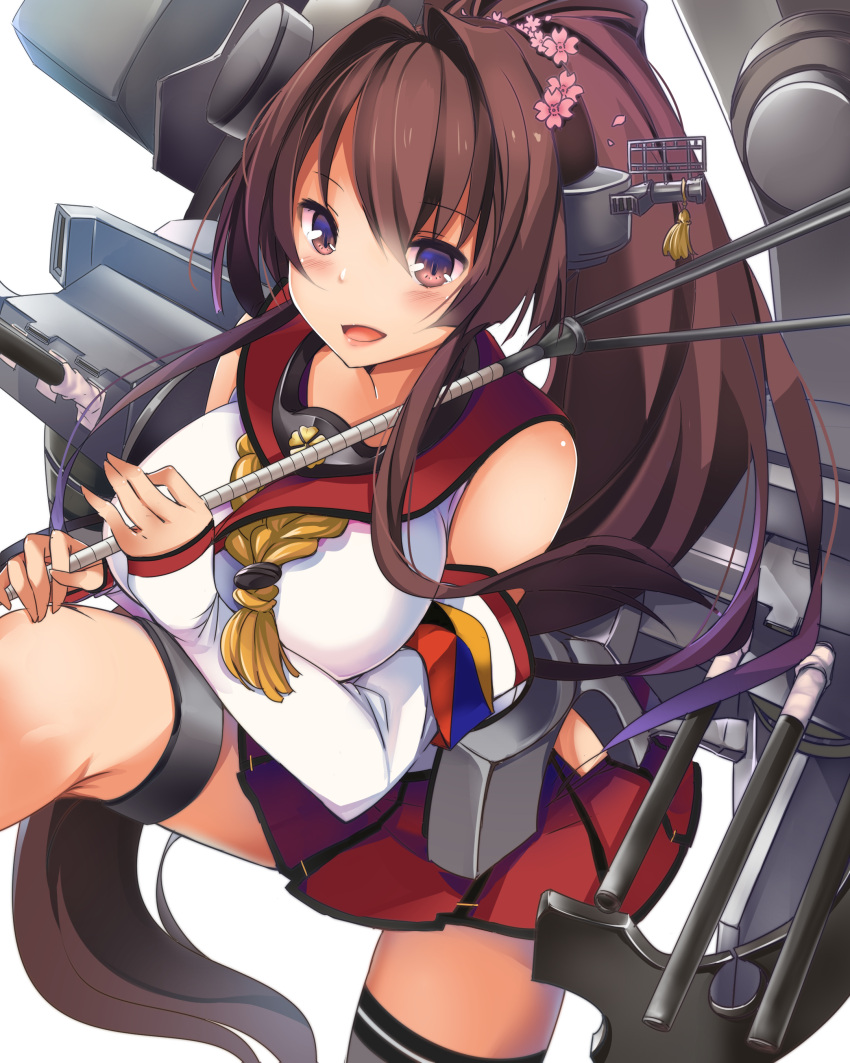 absurdres, asymmetrical_legwear, bare_shoulders, breasts, brown_eyes, brown_hair, collar, flower