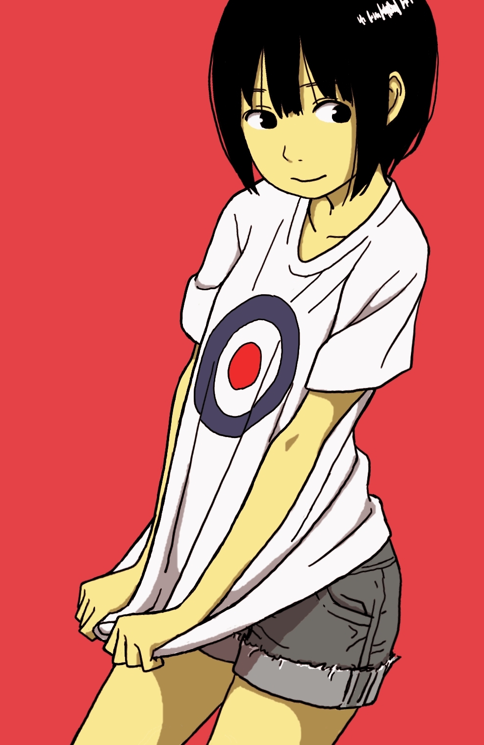 1girl, bangs, black_eyes, black_hair, collarbone, cowboy_shot, denim, denim_shorts
