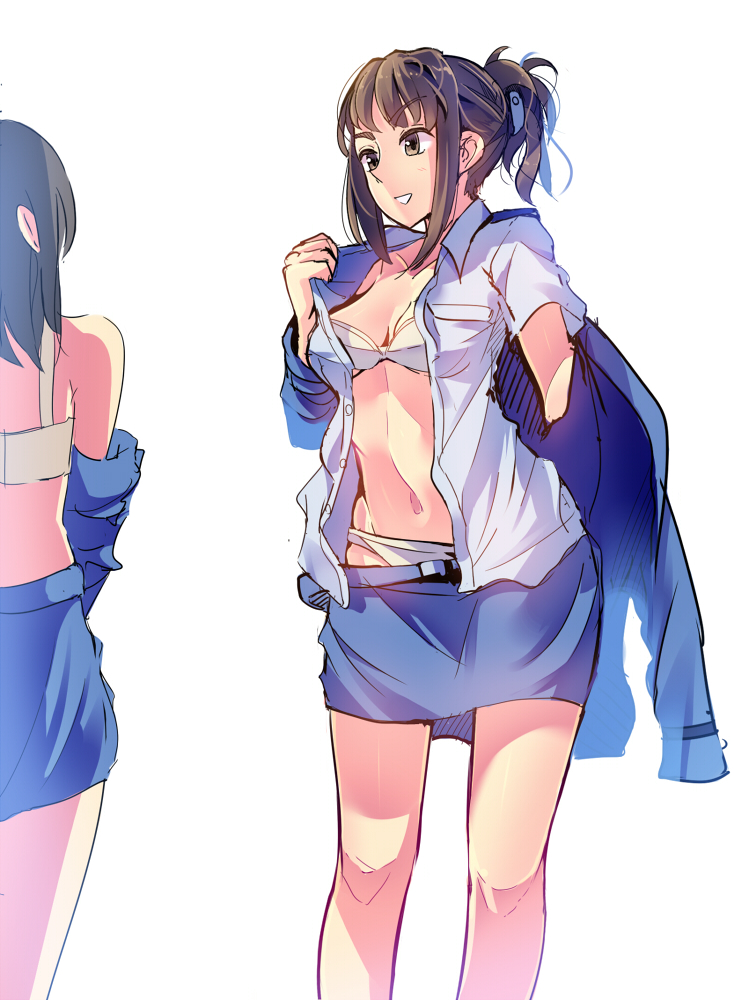 2girls, black_hair, bra, breasts, brown_eyes, brown_hair, cleavage, commentary_request, daito, folded_ponytail, giboshi_matoi, hair_ribbon, kochikame, multiple_girls, open_clothes, police, police_uniform, policewoman, ribbon, scrunchie, simple_background, tagme, underwear, undressing, uniform, white_background, white_bra