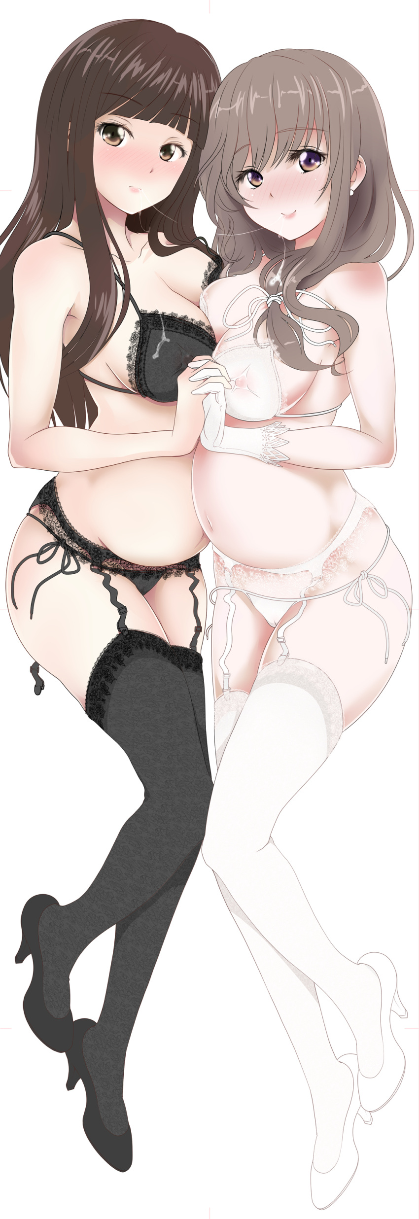 2girls, absurdres, bangs, bare_shoulders, black_bra, black_gloves, black_hair, black_legwear, black_panties, black_shoes, blunt_bangs, blush, bra, breast_press, breasts, brown_eyes, brown_hair, chunyan, cleavage, commentary_request, dakimakura, earrings, eyebrows, eyebrows_visible_through_hair, girls_und_panzer, gloves, highres, holding_hands, jewelry, kneehighs, large_breasts, long_hair, looking_at_viewer, mature, multiple_girls, nishizumi_shiho, panties, pregnant, shimada_chiyo, shoes, sideboob, simple_background, thigh-highs, underwear, underwear_only, white_background, white_bra, white_gloves, white_legwear, white_panties, yuri