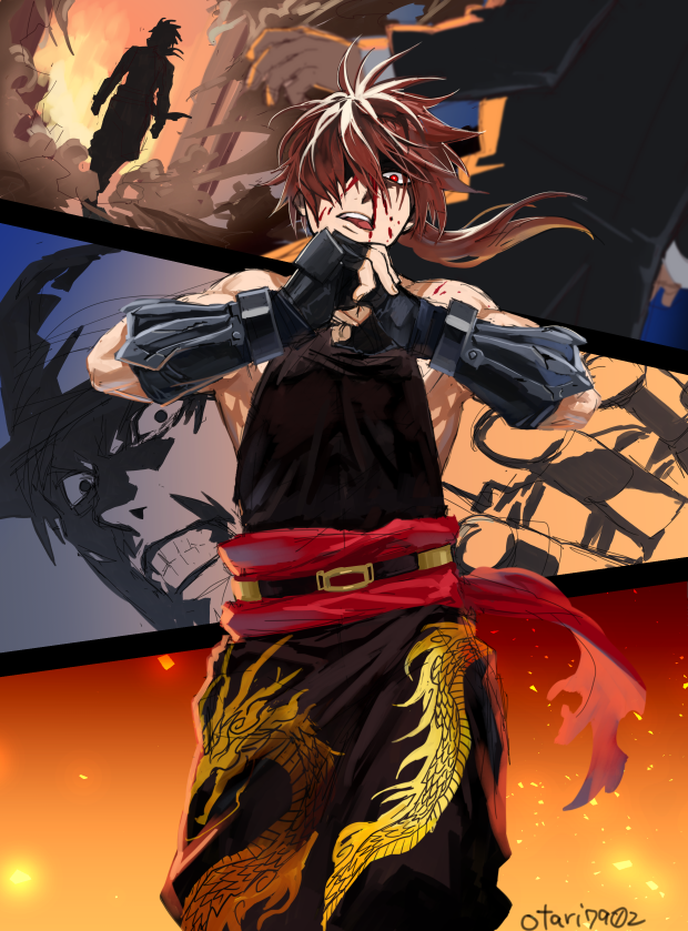 2boys, blood, brown_hair, cannon_dancer, fingerless_gloves, gloves, hair_over_one_eye, hat