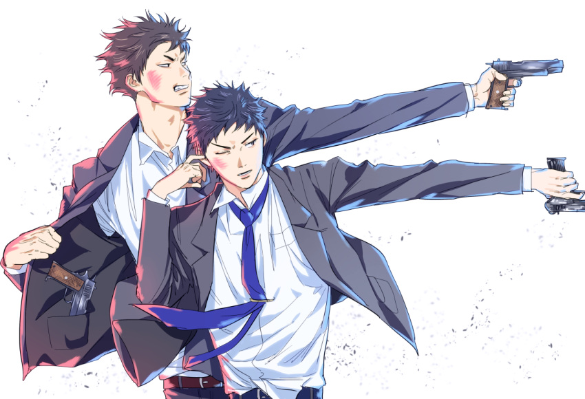 2boys, black_hair, brown_hair, days_(manga), formal, gun, handgun, indou_kaoru, kimidake, mizuki_hisahito, multiple_boys, necktie, short_hair, suit, weapon