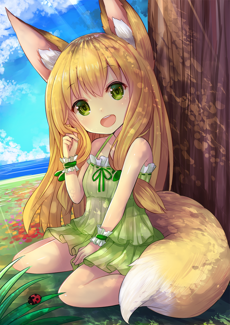 1girl, :d, animal_ears, bare_shoulders, blonde_hair, blue_sky, breasts, clouds
