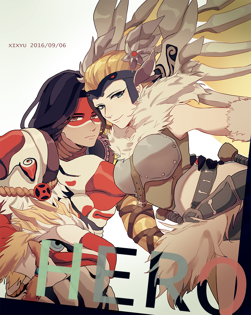 2016, 2girls, alternate_costume, armor, artist_name, belt, black_hair, blonde_hair