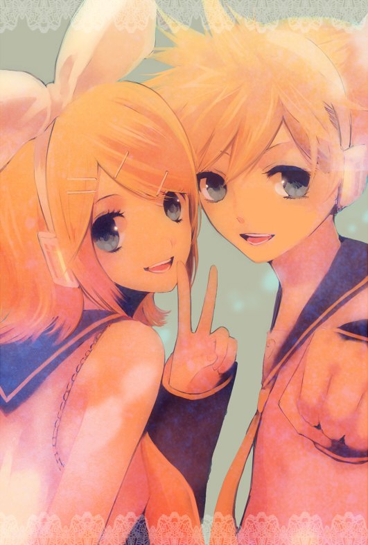 blue_eyes, hair_ornament, hair_ribbon, hairclip, headphones, kagamine_len, kagamine_rin, ribbon
