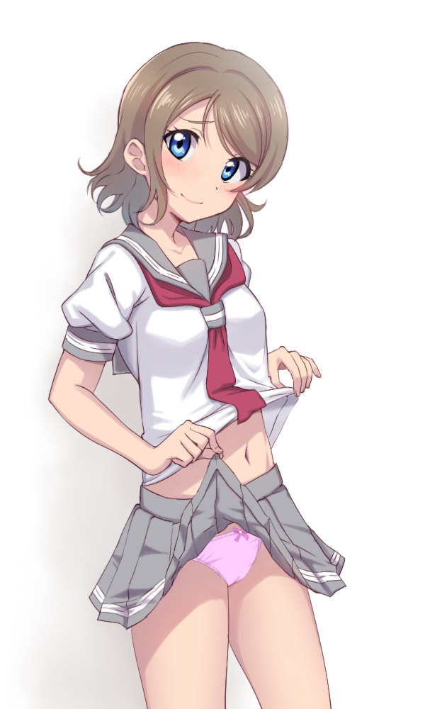 1girl, blue_eyes, blush, brown_hair, looking_at_viewer, love_live!, love_live!_sunshine!!, panties