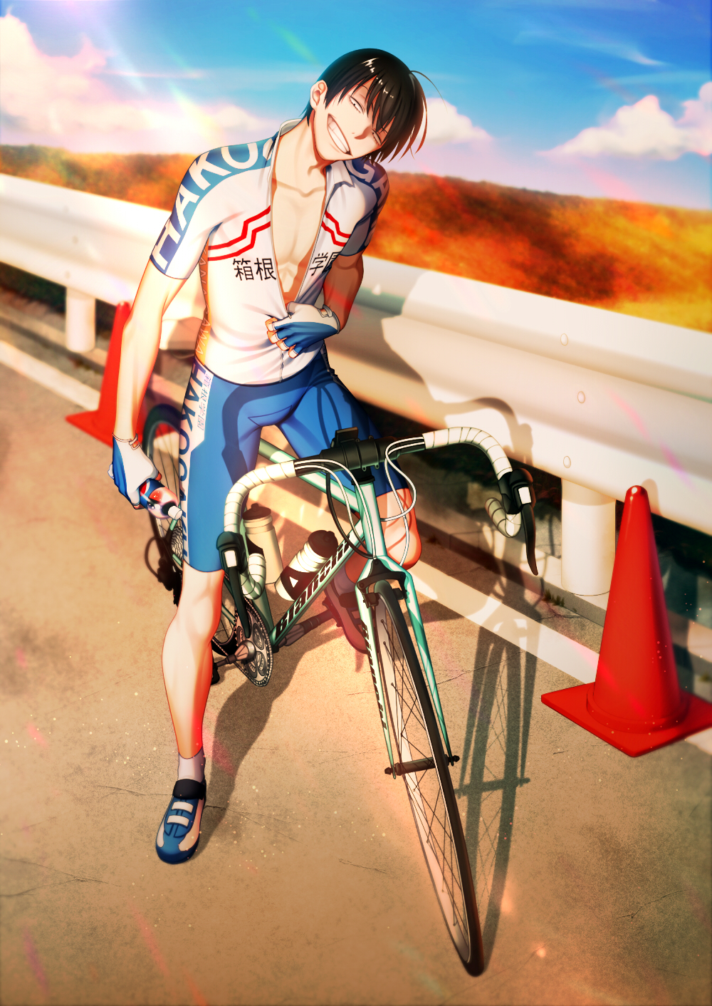 1boy, arakita_yasutomo, arkray, bicycle, black_hair, fingerless_gloves, gloves, ground_vehicle