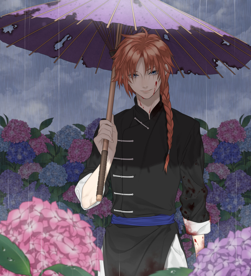 1boy, absurdres, braid, chinese_clothes, flower, gintama, highres, hydrangea