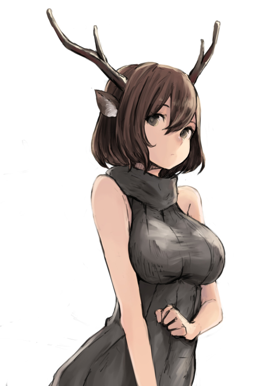 1girl, absurdres, animal_ears, antlers, bare_shoulders, black_eyes, breasts, brown_hair