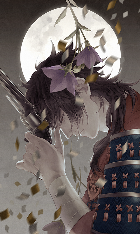 1boy, armor, blurry, brown_hair, depth_of_field, flower, full_moon, gun, handgun, ichino_(1no), japanese_armor, japanese_clothes, male_focus, moon, mutsu-no-kami_yoshiyuki, profile, revolver, seigaiha, sode, touken_ranbu, weapon, yellow_eyes