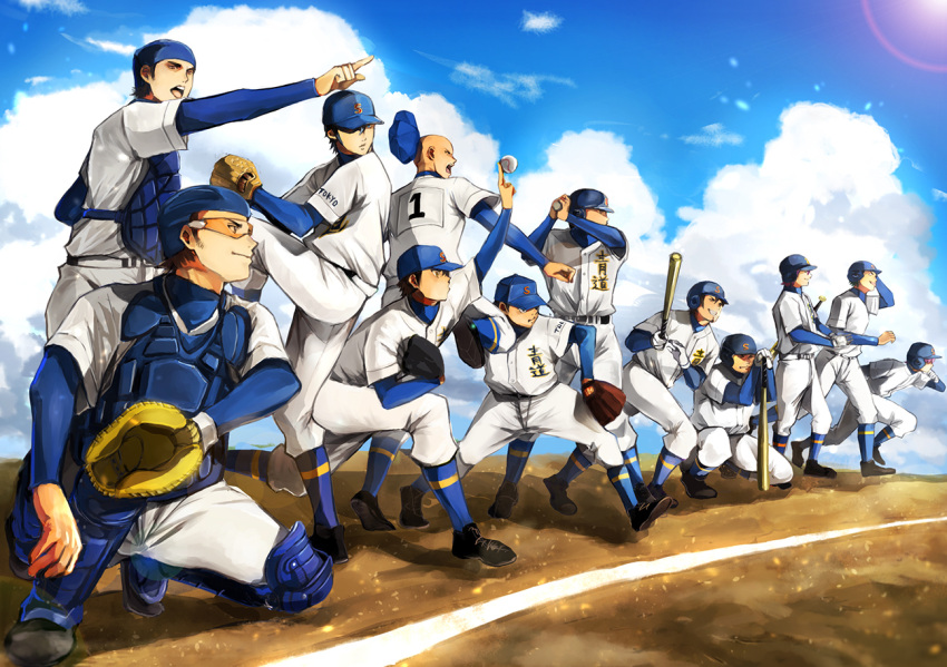6+boys, 8_(artist), ace_of_diamond, baseball, baseball_bat, baseball_cap, baseball_mitt, baseball_uniform