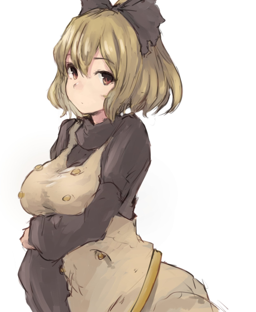 1girl, black_bow, black_shirt, blonde_hair, bow, brown_eyes, dress, hair_bow