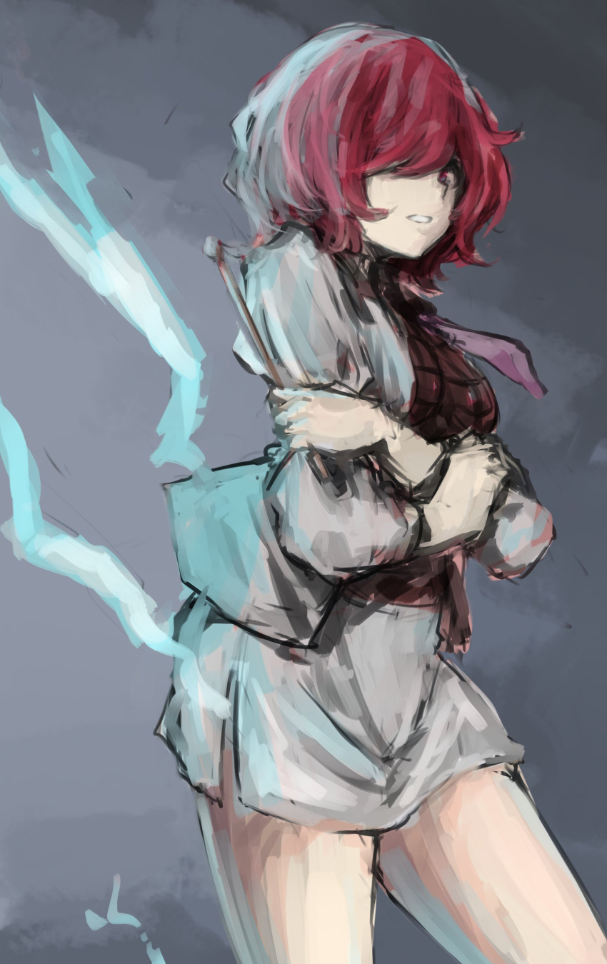 1girl, absurdres, black_shirt, crossed_arms, dress_shirt, drumsticks, hair_over_one_eye, highres