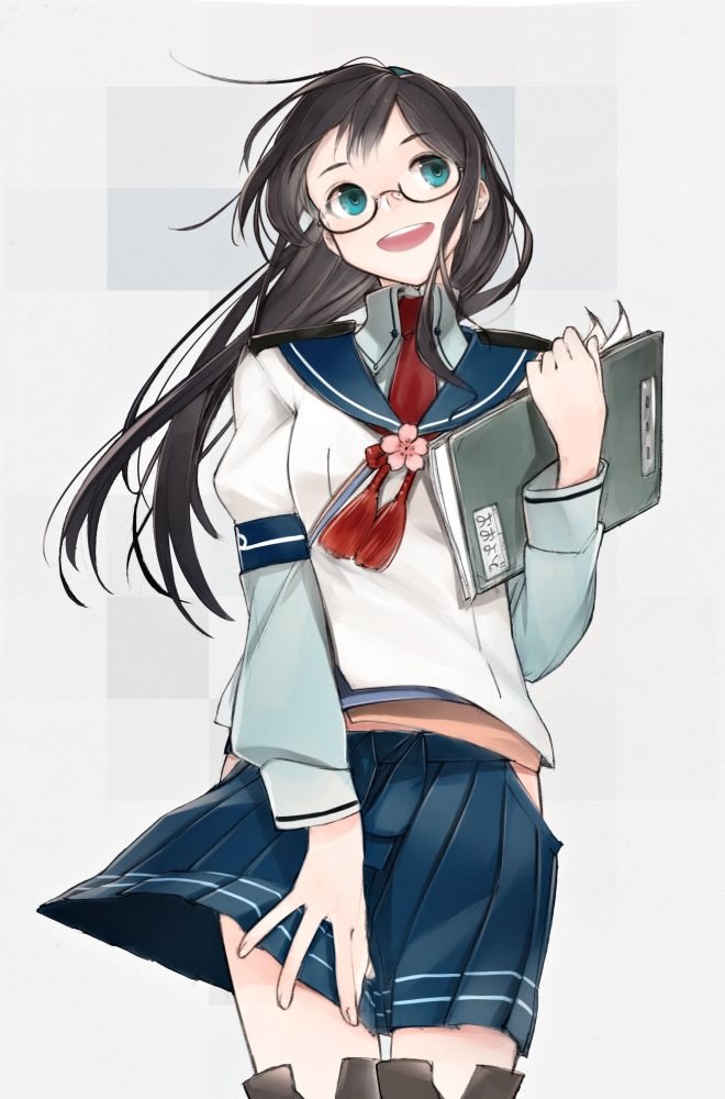 1girl, :d, black_hair, book, glasses, green_eyes, hair_ribbon, hand_up