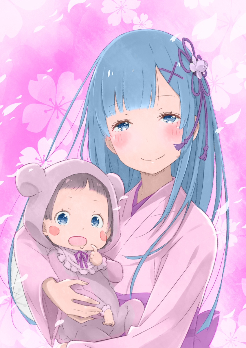 2girls, baby, black_hair, blue_eyes, blue_hair, colored, derivative_work, hair_ornament