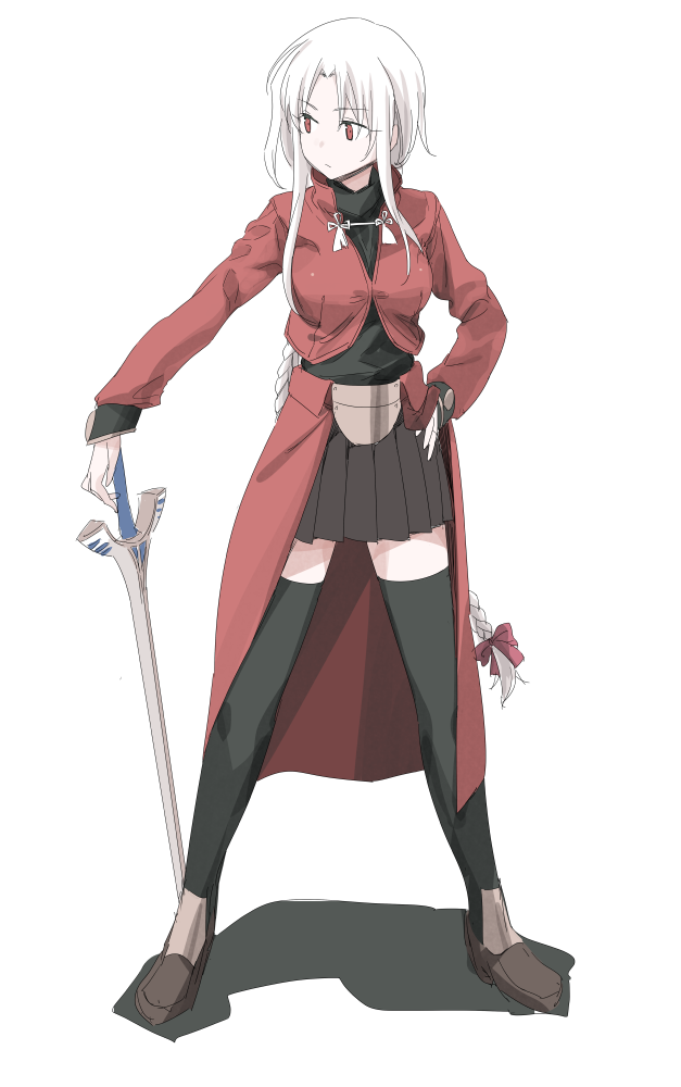 1girl, archerko, braid, commentary_request, fate/stay_night, fate_(series), full_body, himura_kiseki, long_hair, looking_away, original, red_eyes, single_braid, sketch, skirt, solo, sword, thigh-highs, very_long_hair, weapon, white_hair, zettai_ryouiki
