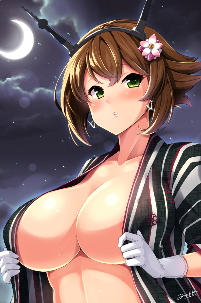 1girl, alternate_costume, blush, breasts, brown_hair, crescent_moon, earrings, flower