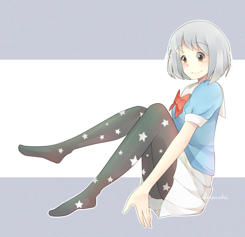 1girl, bow, brown_eyes, grey_hair, highres, red_bow, school_uniform, sitting