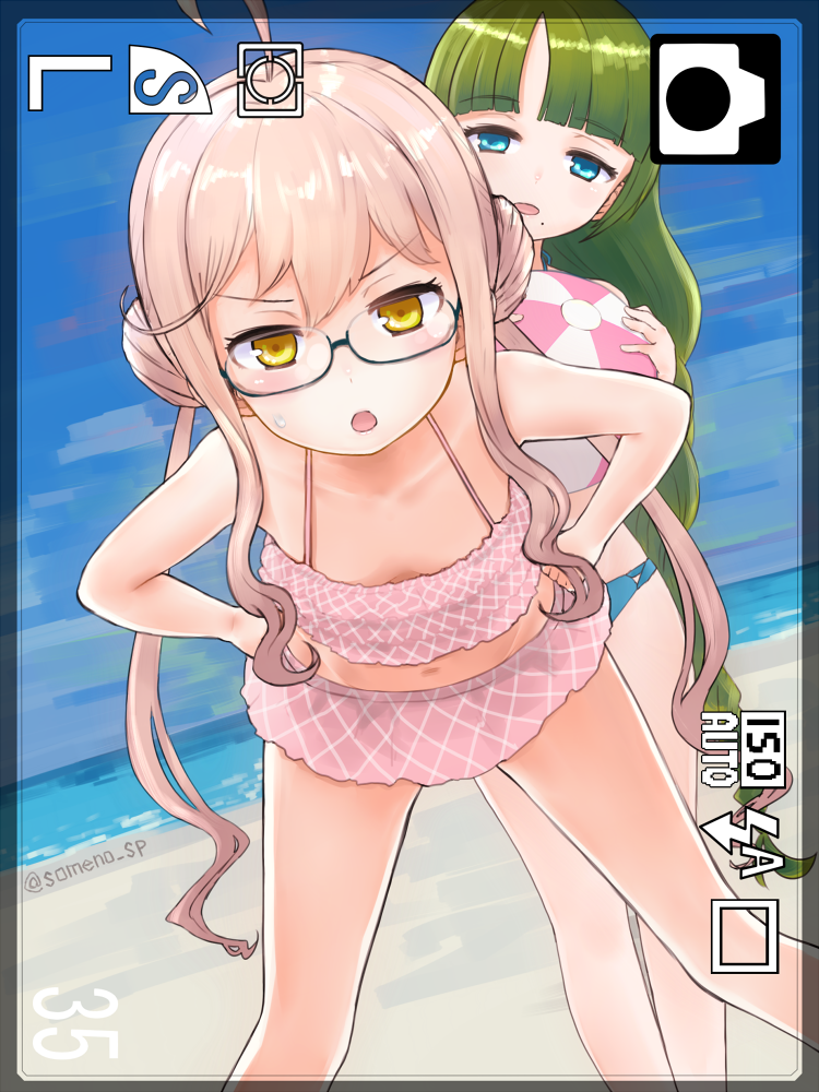 2girls, :o, ahoge, alternate_costume, ball, beach, beachball, bikini