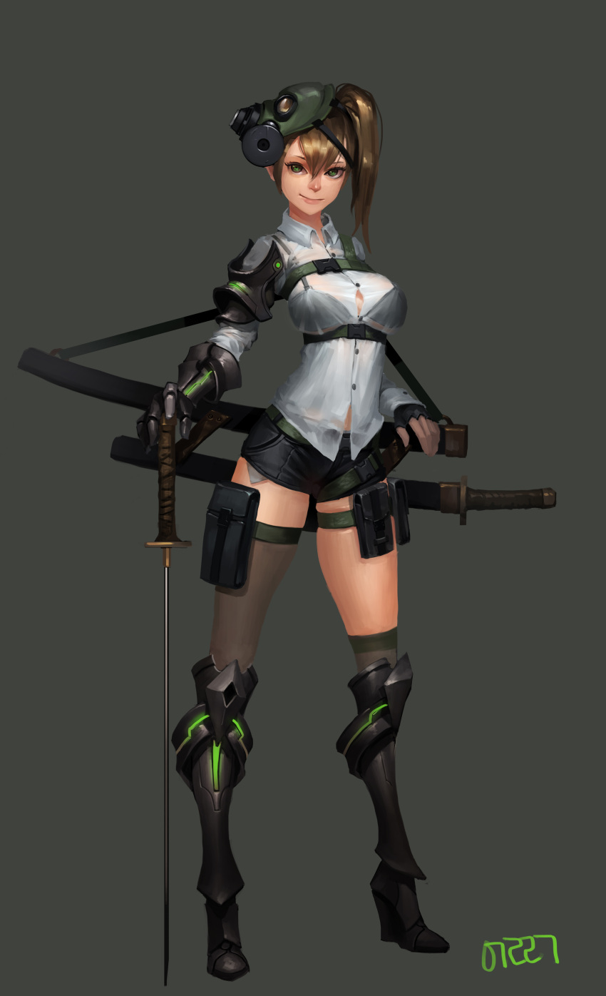 1girl, absurdres, armor, armored_boots, black_bra, black_gloves, black_legwear, black_shorts, boots, bra, breasts, brown_hair, closed_mouth, collarbone, collared_shirt, dated, dress_shirt, fingerless_gloves, full_body, gas_mask, gloves, green_eyes, grey_background, hair_between_eyes, hand_on_hilt, head_tilt, highres, jayjiwoo_park, katana, medium_breasts, mismatched_legwear, number, original, over-kneehighs, realistic, see-through, sheath, sheathed, shirt, short_shorts, shorts, side_ponytail, simple_background, single_gloves, smile, solo, sword, thigh-highs, underwear, weapon, wing_collar