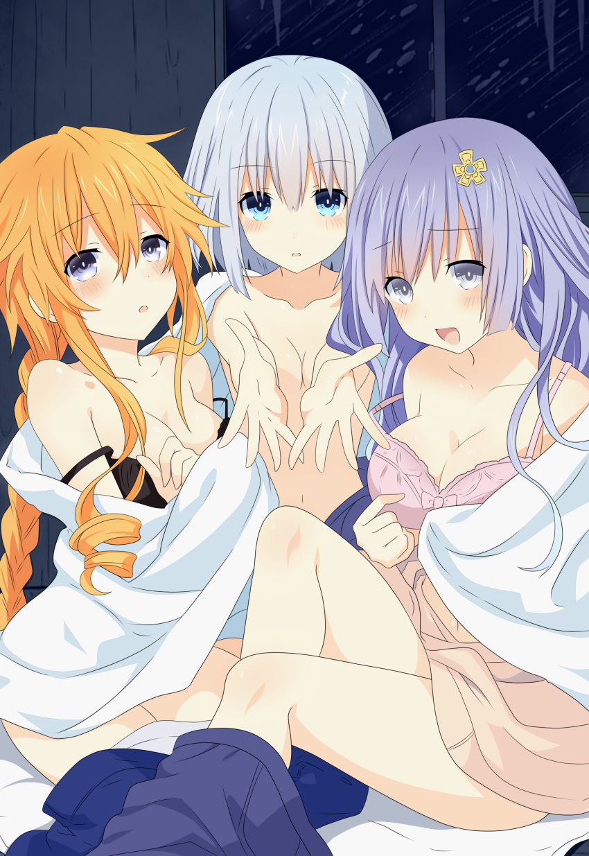 3girls, absurdres, black_bra, blue_eyes, blue_hair, blue_skirt, bra, braid, breasts, cleavage, collarbone, date_a_live, eyebrows, eyebrows_visible_through_hair, grey_eyes, hair_between_eyes, hair_ornament, highres, izayoi_miku, light_brown_hair, lingerie, long_hair, looking_at_viewer, medium_breasts, multiple_girls, navel, off_shoulder, open_mouth, pleated_skirt, qing_cui, short_hair, silver_hair, skirt, skirt_around_one_leg, tobiichi_origami, underwear, yamai_yuzuru