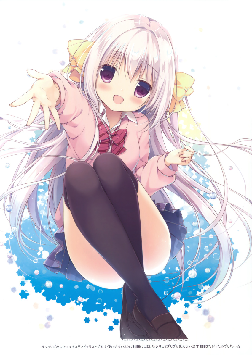 1girl, absurdres, black_legwear, blue_skirt, bow, bowtie, coron_(canvas+garden), eyebrows