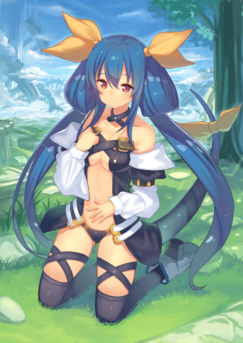 1girl, bare_shoulders, black_legwear, blue_hair, breasts, choker, dizzy, grass