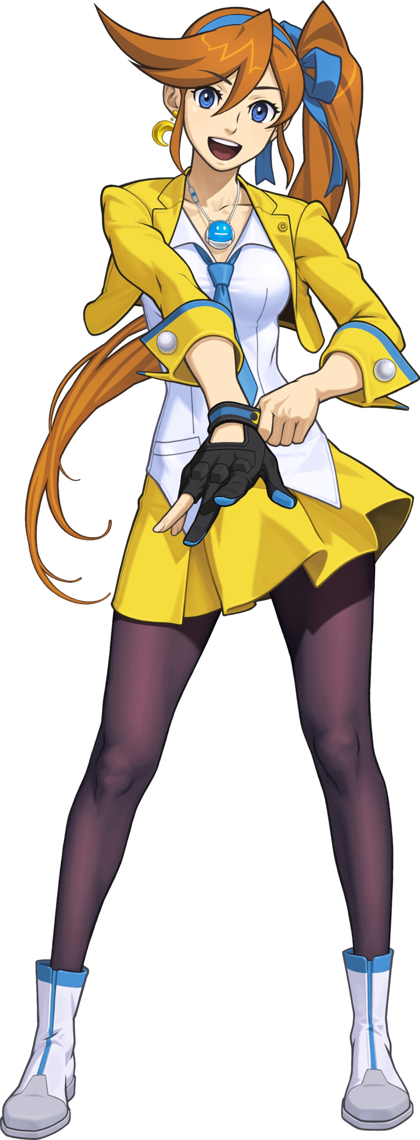 1girl, absurdres, adjusting_clothes, adjusting_gloves, black_legwear, blue_eyes, blue_necktie, boots