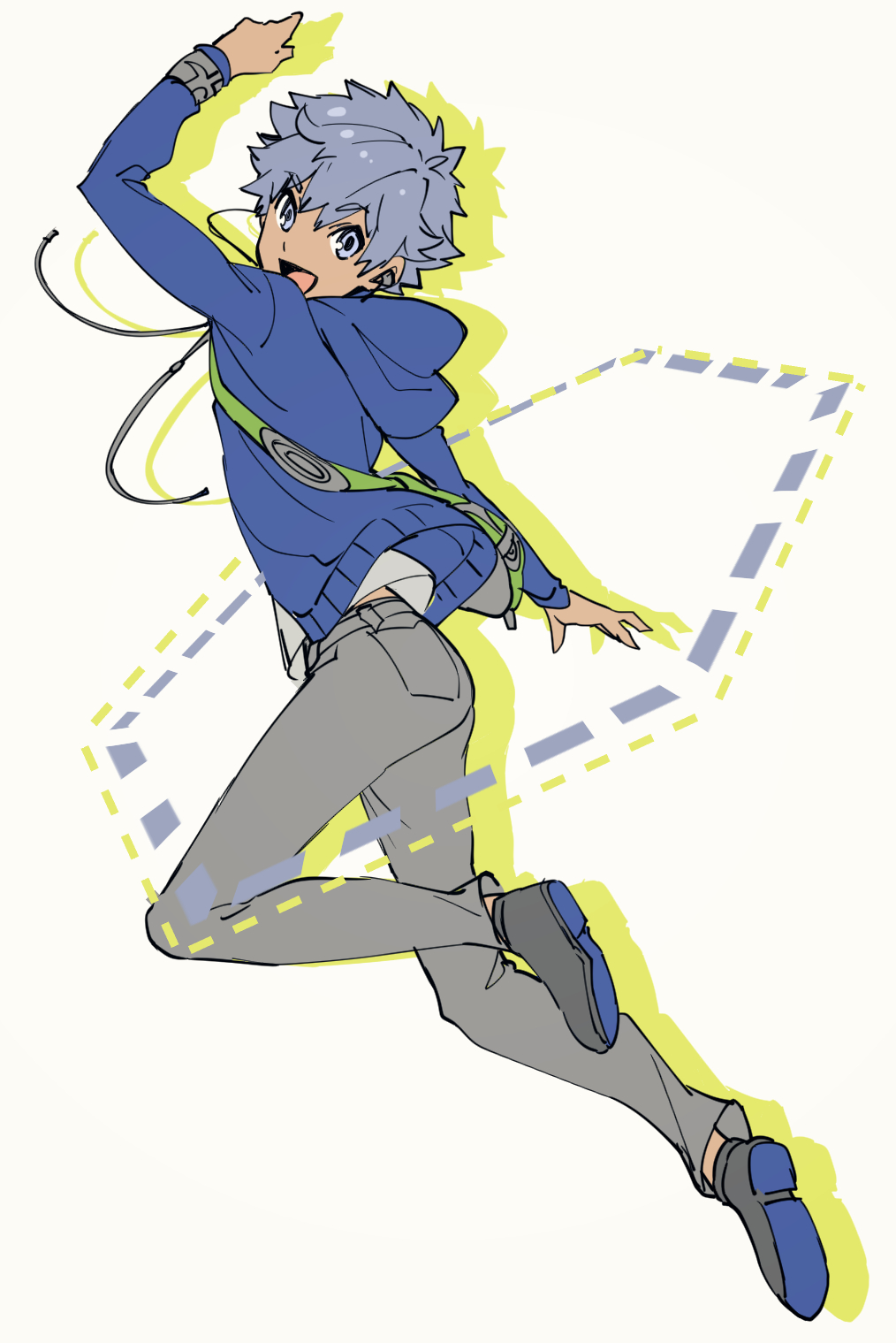 :d, arm_up, armband, blue_eyes, blue_jacket, from_side, grey_hair, grey_pants, grey_shoes, headphones, highres, hood, hooded_jacket, jacket, looking_at_viewer, open_mouth, original, pants, rucksack, shimo_(s_kaminaka), shoes, short_hair, simple_background, smile