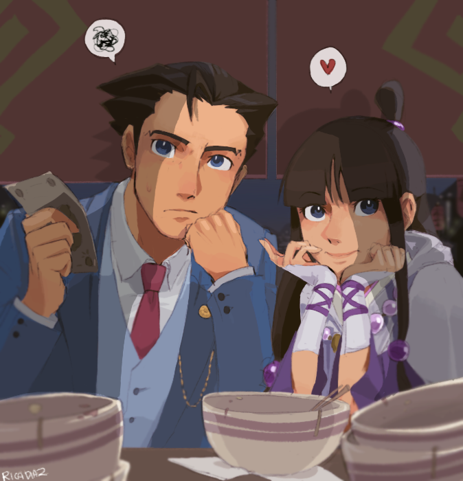 1boy, 1girl, ayasato_mayoi, black_hair, blue_suit, capelet, chin_rest, commentary, formal, gyakuten_saiban, gyakuten_saiban_6, hair_bobbles, hair_ornament, half_updo, heart, holding, japanese_clothes, jewelry, kimono, long_hair, naruhodou_ryuuichi, necklace, necktie, pearl_necklace, red_necktie, rica_diaz, short_hair, sidelocks, spoken_heart, suit