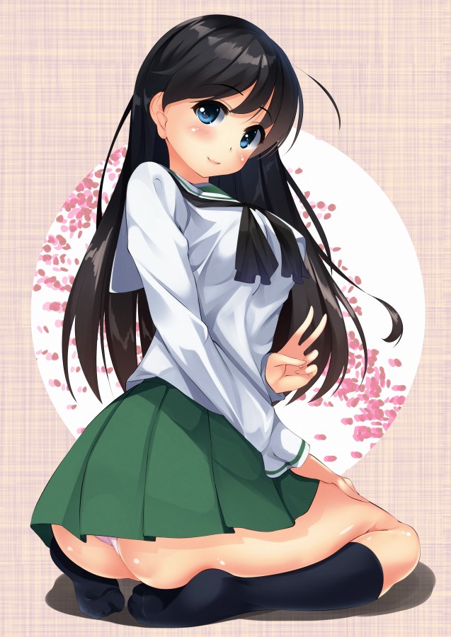 1girl, ass, bangs, black_eyes, black_hair, black_legwear, blouse, blush