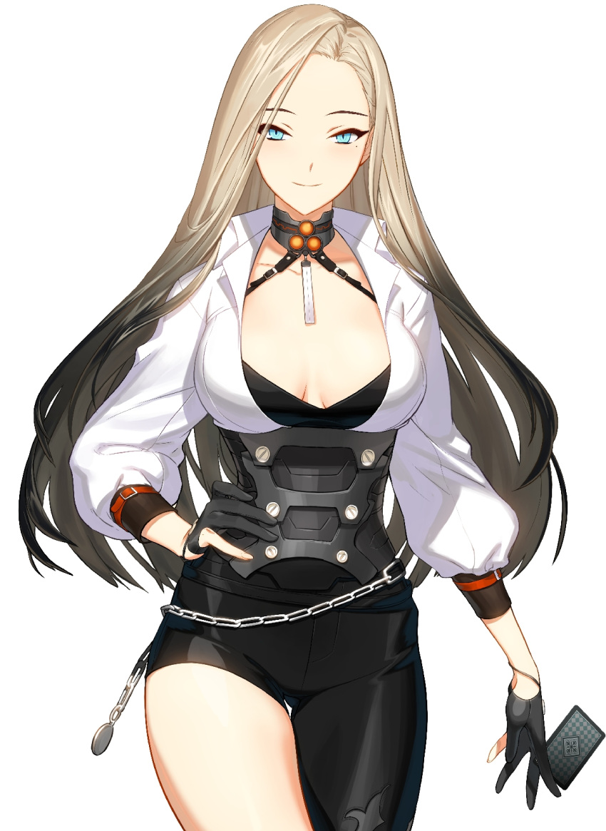 1girl, artist_name, artist_request, asymmetrical_legwear, black_gloves, black_hair, blonde_hair, breasts