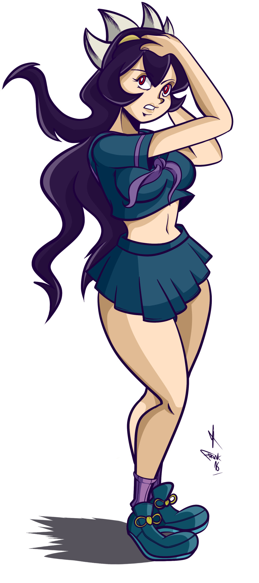 1girl, absurdres, black_hair, crossover, filia_(skullgirls), frank_araya, highres, jojo_no_kimyou_na_bouken