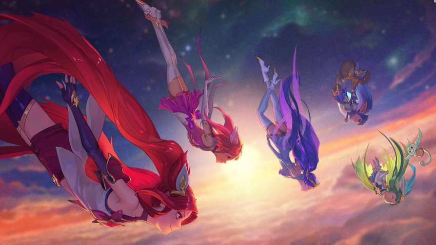 5girls, alternate_costume, alternate_hairstyle, boots, hair_ornament, hammer, highres, janna_windforce