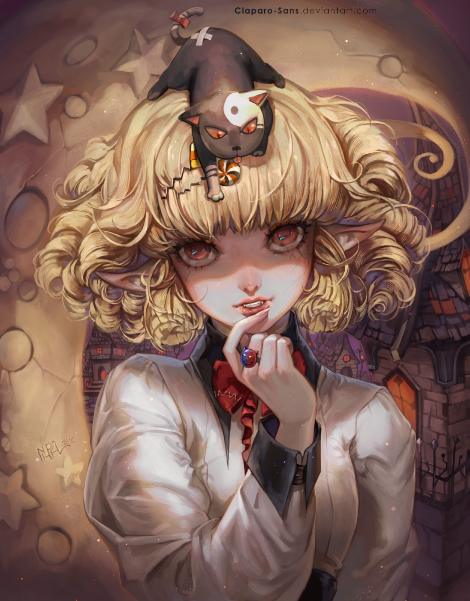1girl, animal, animal_on_head, blonde_hair, bow, cat, cat_on_head, curly_hair