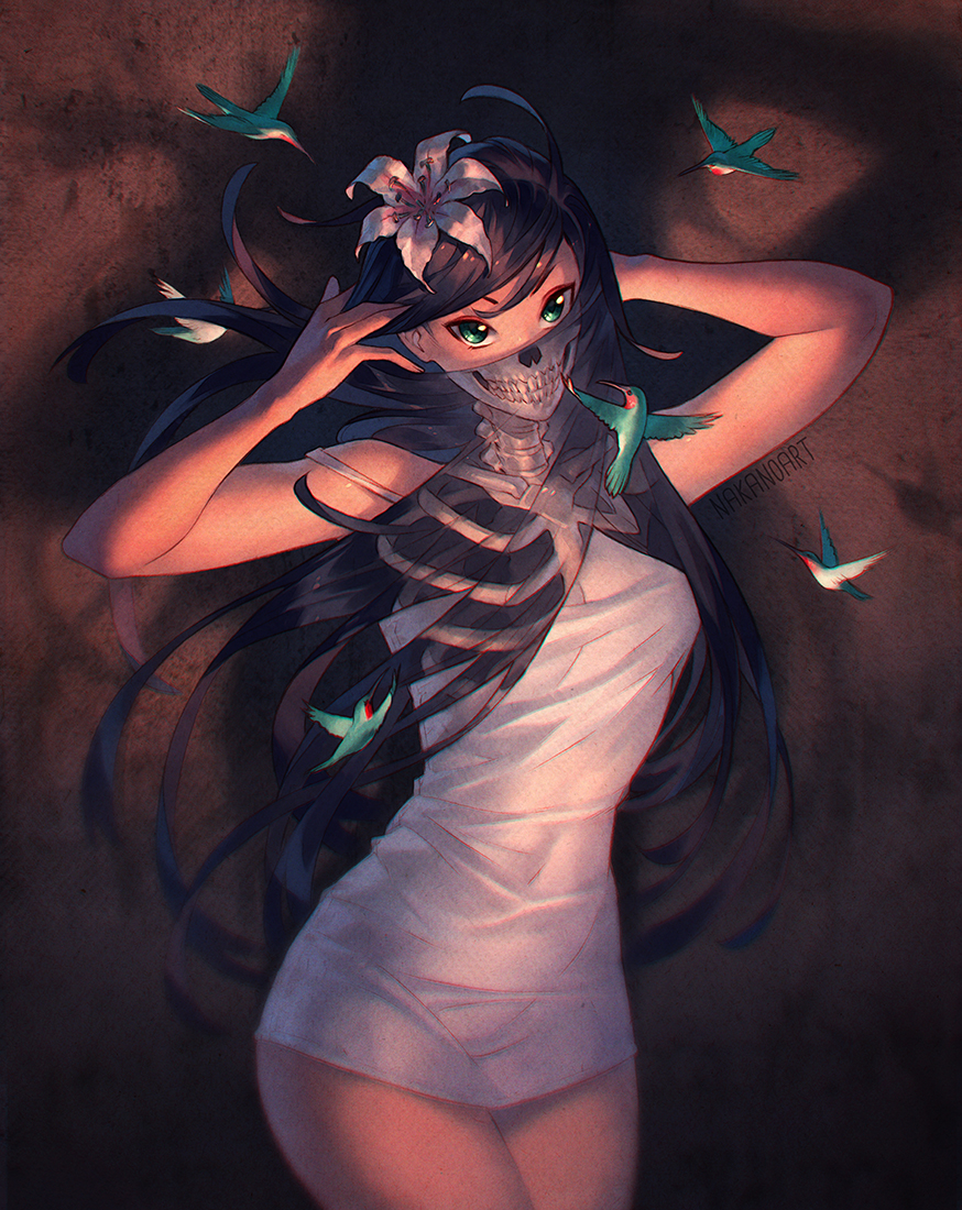 1girl, bare_shoulders, bird, black_hair, breasts, dress, flower, green_eyes, hair_flower, hair_ornament, hummingbird, medium_breasts, nakanoart, original, short_dress, skeleton, solo, white_dress, x-ray_vision