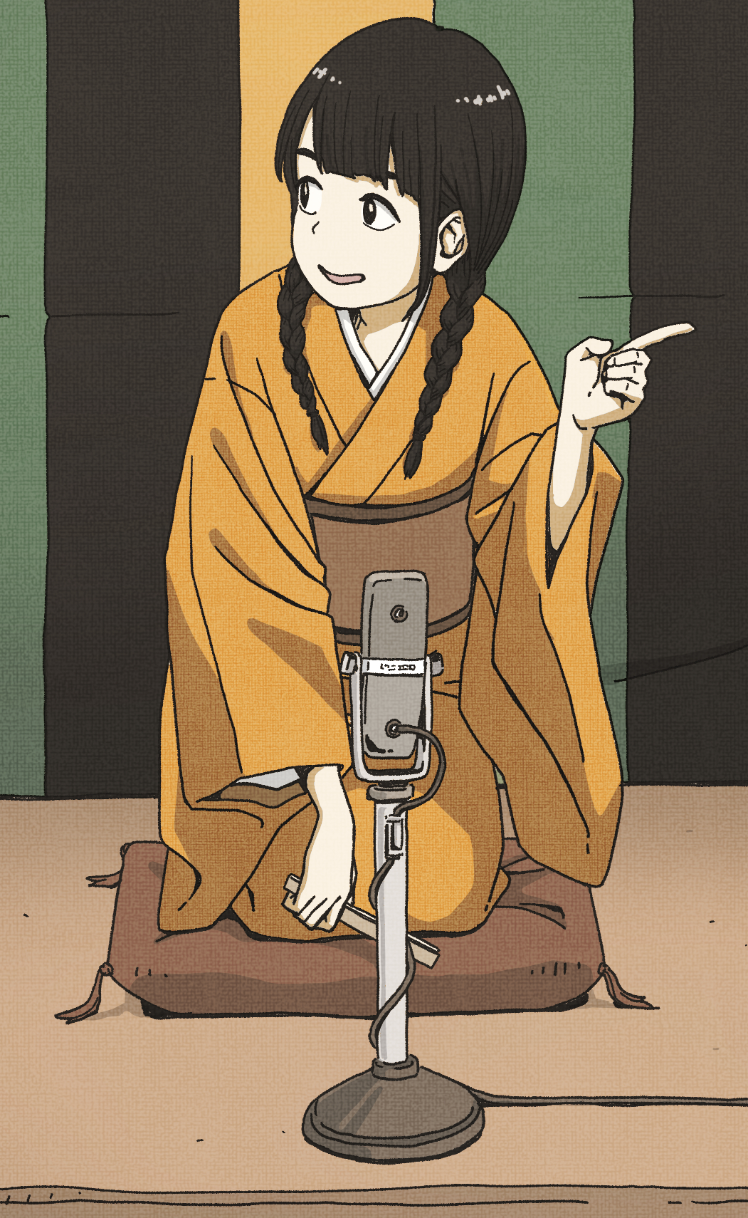 1girl, bangs, black_eyes, black_hair, braid, full_body, grin, highres, holding, hosoo, japanese_clothes, kimono, kneeling, long_sleeves, looking_to_the_side, microphone, microphone_stand, original, pillow, pointing, rakugo, sash, shiny, shiny_hair, sidelocks, smile, solo, white_skin, wide_sleeves, wire