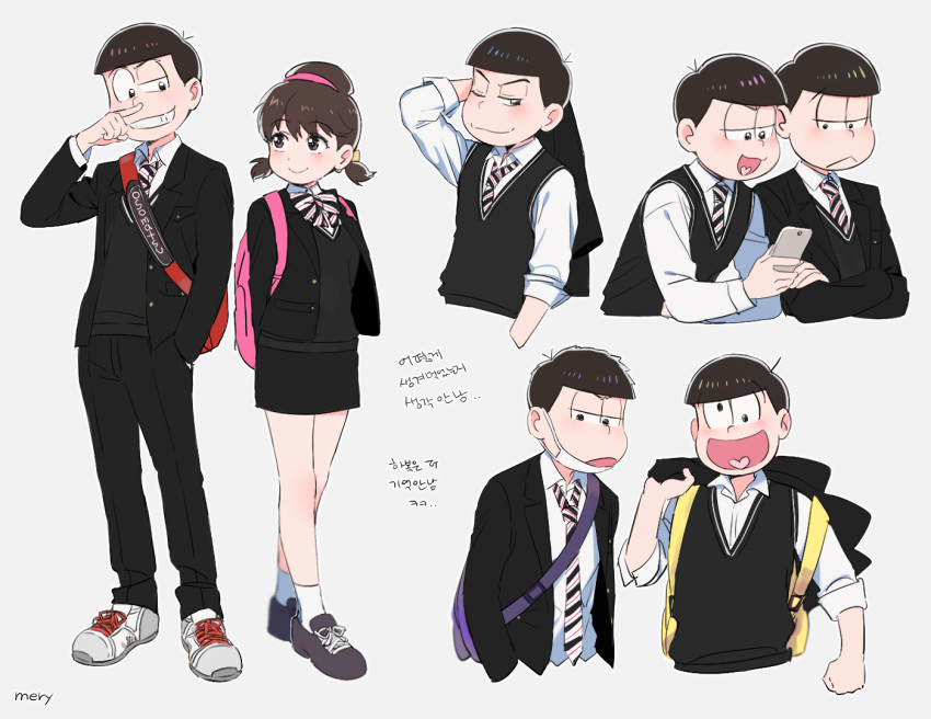 1girl, 6+boys, :<, :o, ;3, alternate_costume, arm_up, artist_name