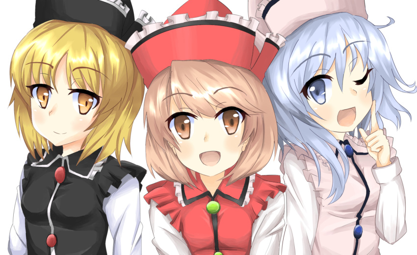3girls, :d, ;d, blonde_hair, blue_eyes, blue_hair, brown_eyes, finger_to_cheek, hat, light_brown_hair, long_sleeves, looking_at_viewer, lunasa_prismriver, lyrica_prismriver, merlin_prismriver, multiple_girls, one_eye_closed, open_mouth, siblings, simple_background, sisters, smile, touhou, upper_body, vest, white_background, yellow_eyes, yossy_(yossy1130)