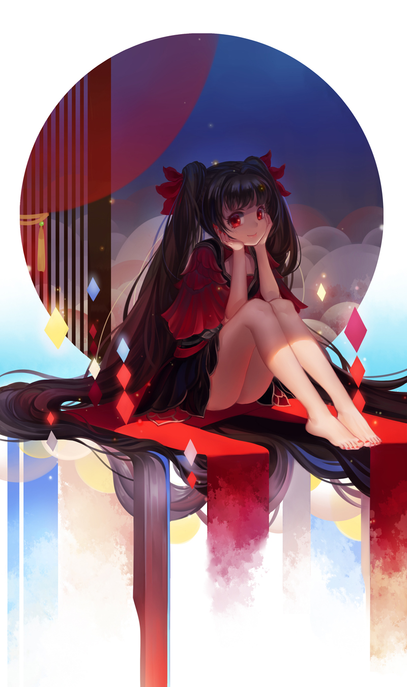 1girl, barefoot, chin_rest, ching_nu_yu_hun, dress, hair_ribbon, highres, huazha01