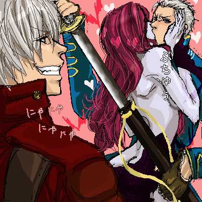 1girl, 2boys, dante, dante_(devil_may_cry), devil_may_cry, devil_may_cry_(series), devil_may_cry_3, female, heart, henyo, hetero, katana, kiss, lowres, male, nevan, oekaki, sheath, sword, translated, translation_request, unsheathing, vergil, vergil_(devil_may_cry), weapon, white_hair, yamato_(sword)