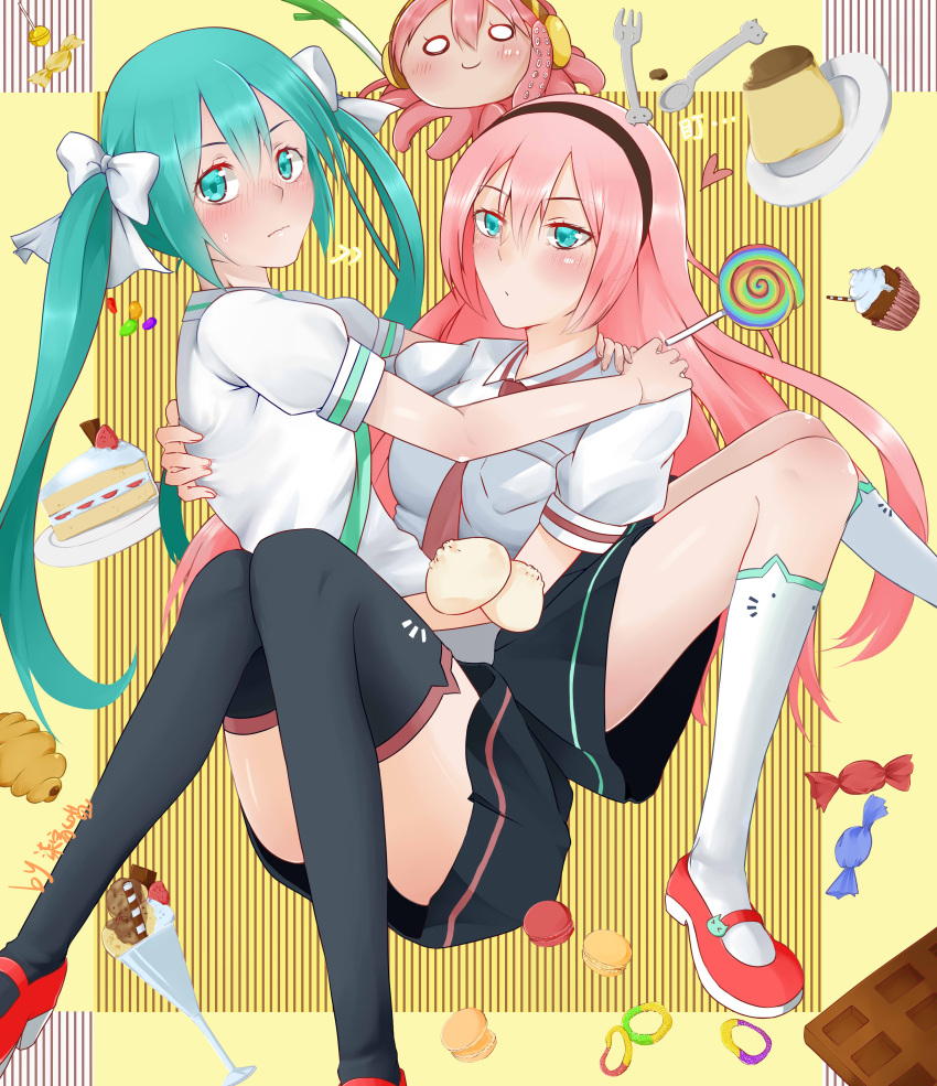 2girls, absurdres, aqua_eyes, aqua_hair, blush, cake, candy, carrying, cupcake, food, fruit, hair_ribbon, hairband, hatsune_miku, heart, highres, lollipop, macaron, megurine_luka, multiple_girls, pink_hair, plate, princess_carry, qia_jia_meow, ribbon, skirt, strawberry, takoluka, thigh-highs, vocaloid, yuri, zettai_ryouiki