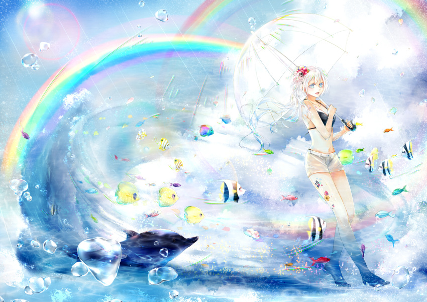 1girl, ayakami, bubble, dolphin, fish, hair_ornament, highres, long_hair